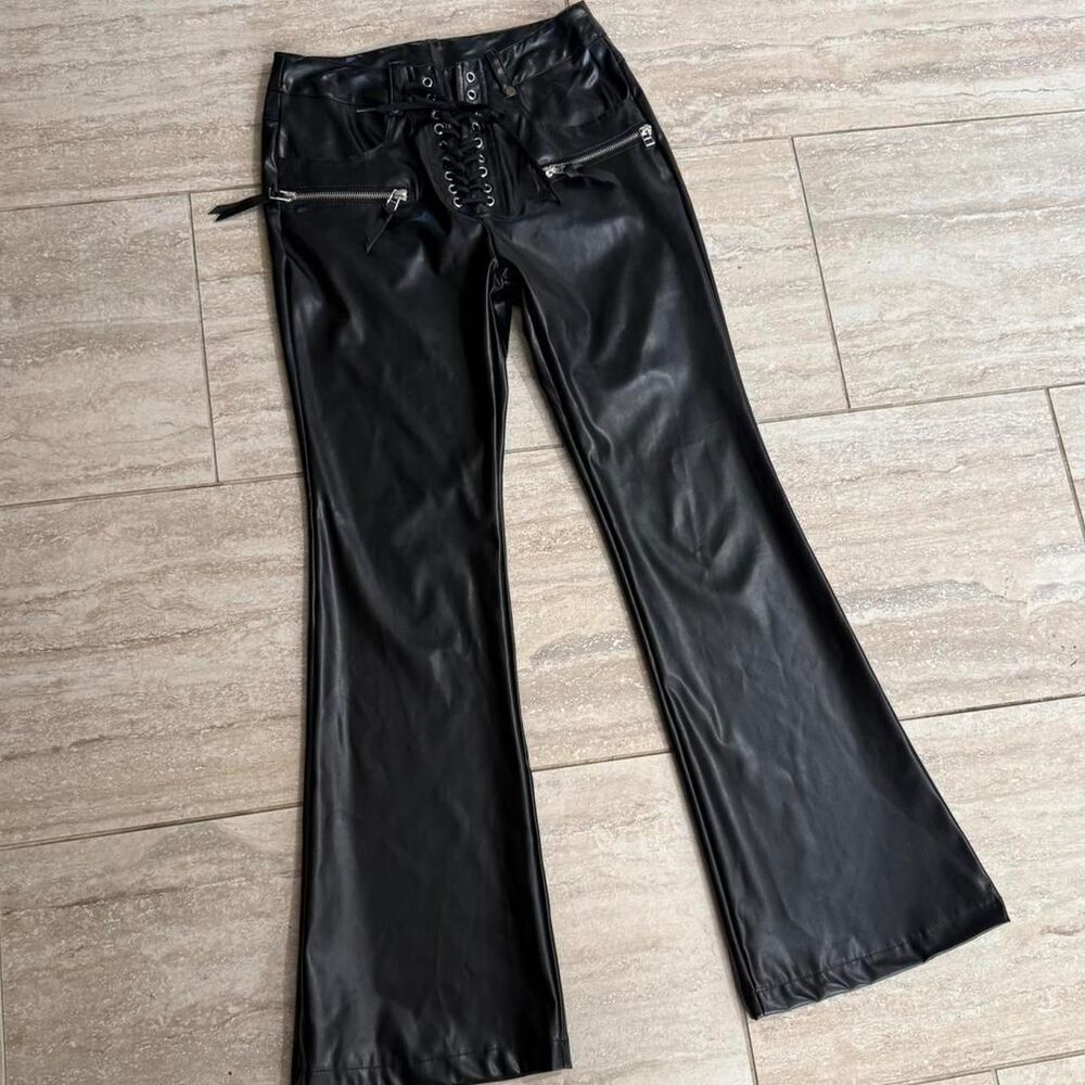 Black Faux Leather Lace Up Flared Pants High Waist Vintage Biker Goth Grunge XS